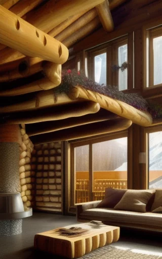 340218705-lounge of a chalet made with logs of wood, with a mezzanine floor, cozy indoor lighting, Alexandre Calame.webp